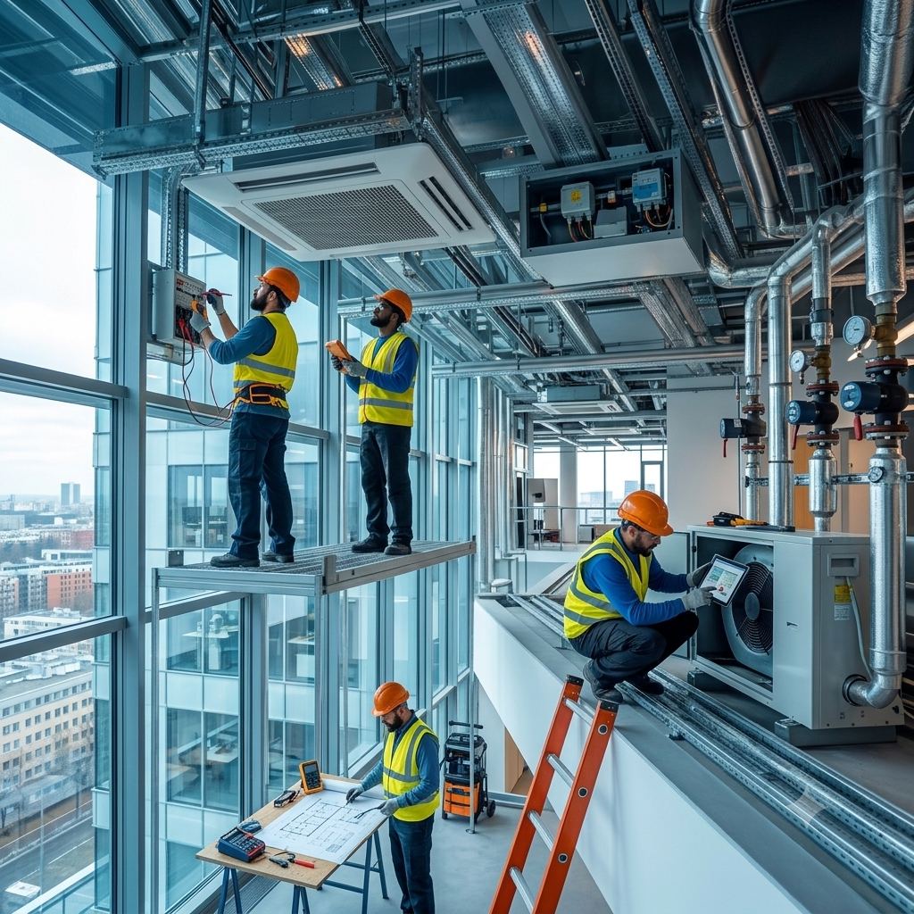 HVAC technician performing annual maintenance on commercial AC system